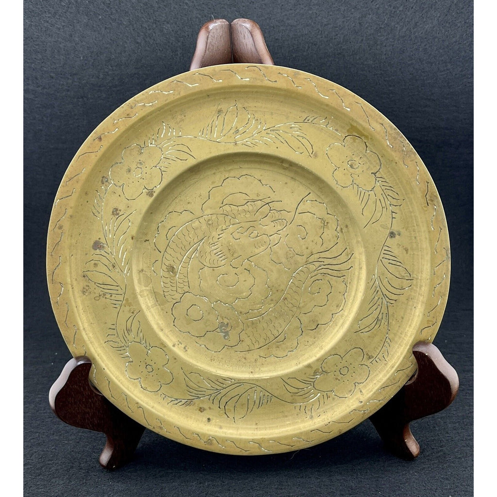 Antique Chinese Hand-Engraved Brass Dragon Plate - 8" Diameter
