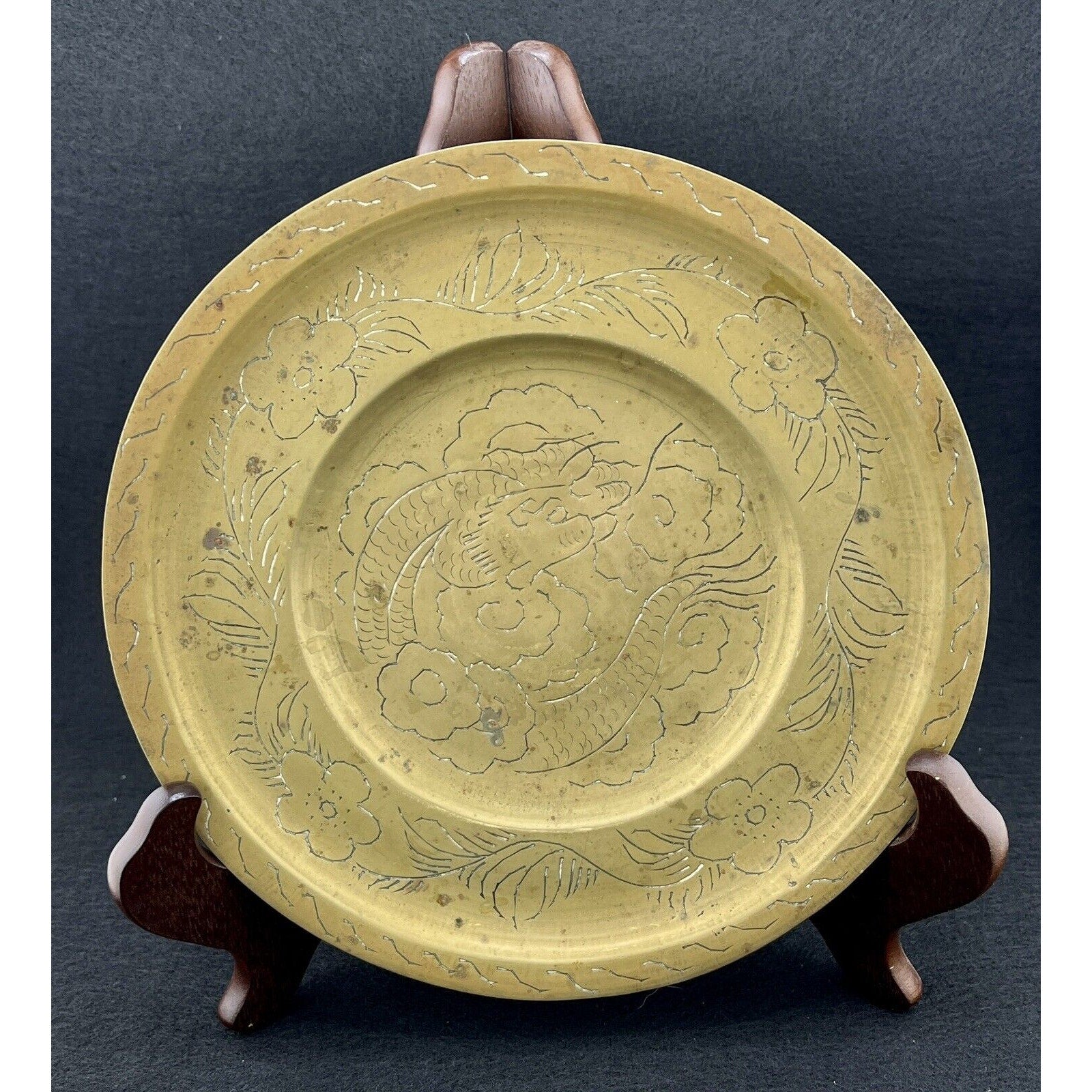 Antique Chinese Hand-Engraved Brass Dragon Plate - 8" Diameter