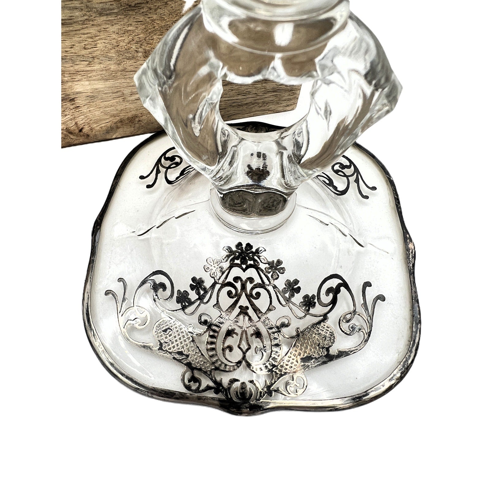 Vintage Cambridge Keyhole Silver Overlay Glass Candlestick