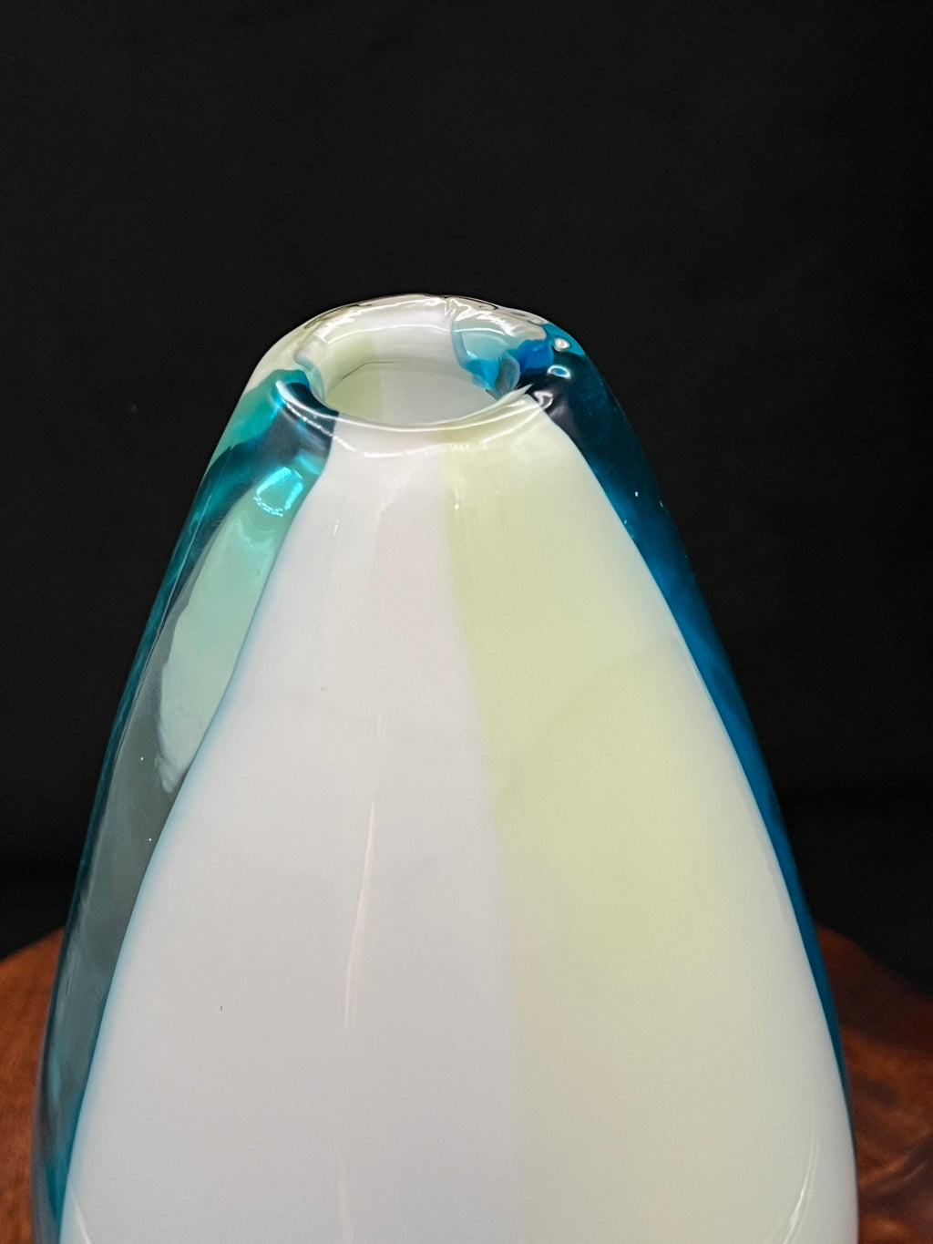 Large Murano three-panel vase in opaque white, pale uranium-tinted glass, and aqua blue; attributed to Cenedese.