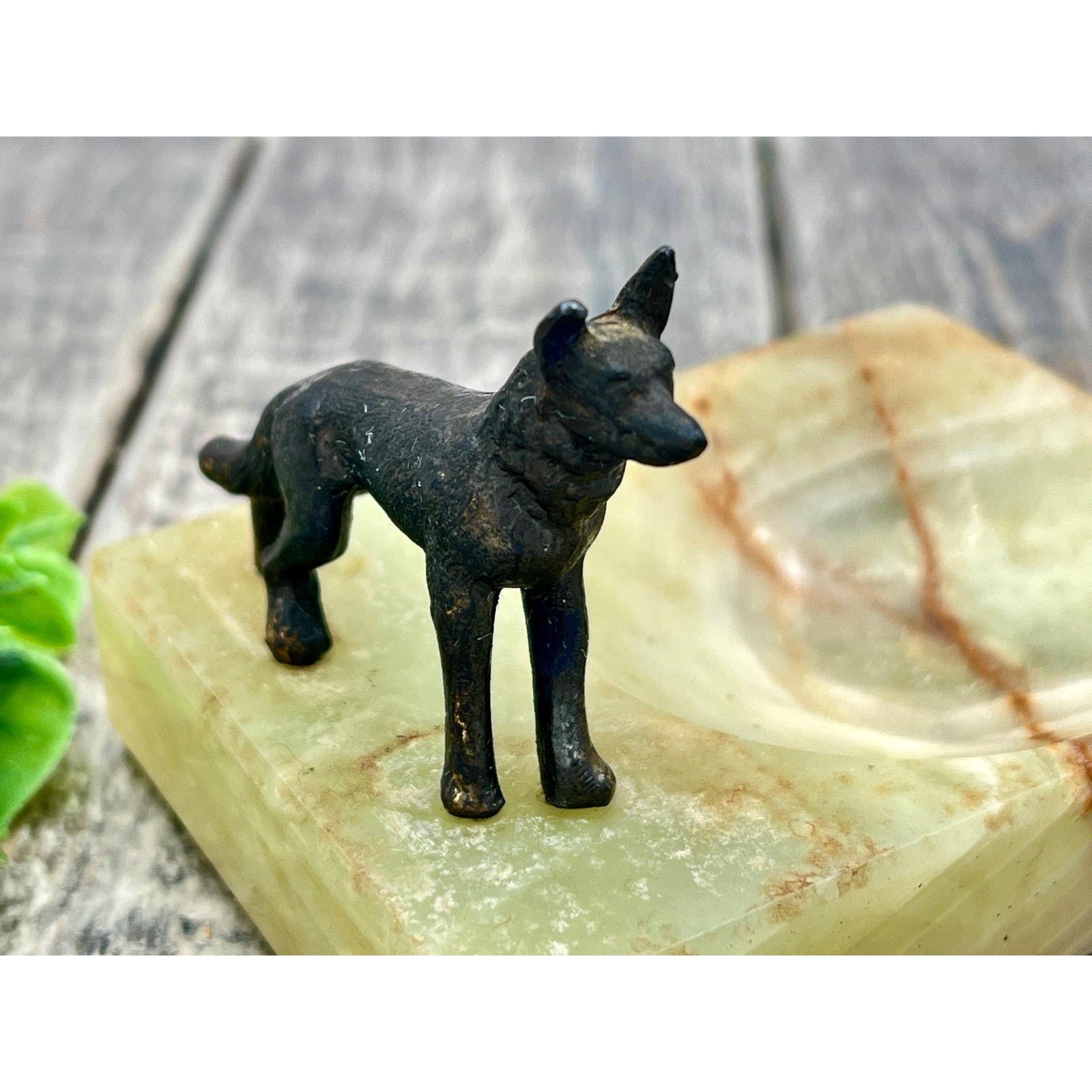 Vintage Brass Dog Figurine on Onyx Trinket Dish or Ashtray - Unique Decor