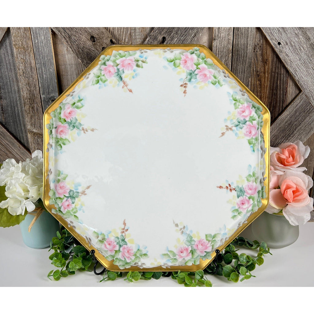 Antique Bernardaud Limoges Pink Rose 15.5 Inch Octagonal Porcelain Platter