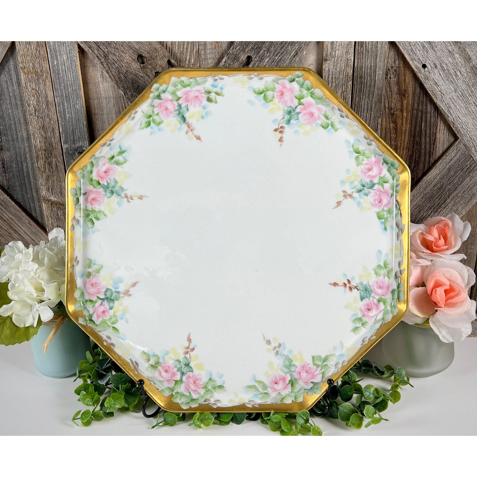 Antique Bernardaud Limoges Pink Rose 15.5 Inch Octagonal Porcelain Platter