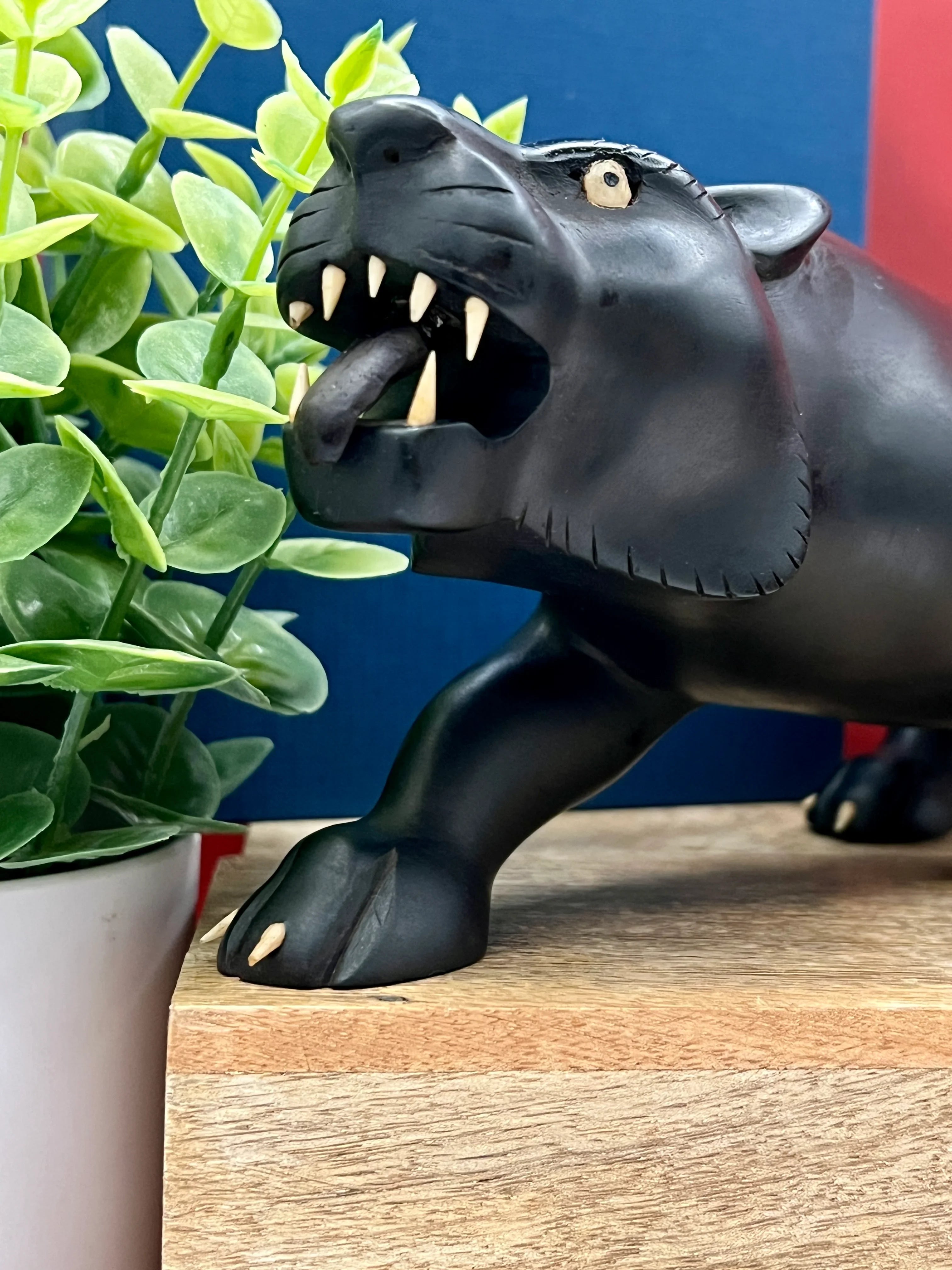 Vintage Hand Carved Ebony Wood Panther Sculpture with Bone Inlay