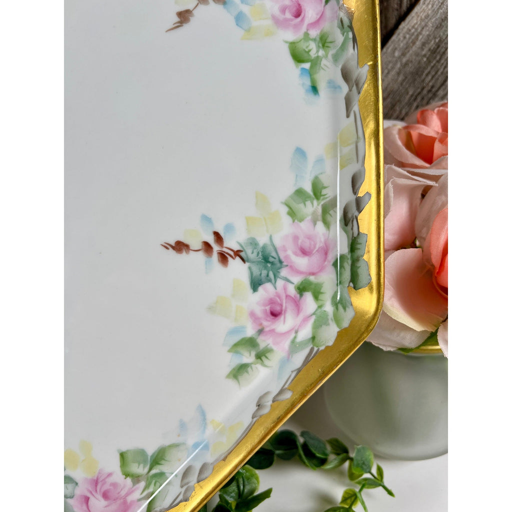 Antique Bernardaud Limoges Pink Rose 15.5 Inch Octagonal Porcelain Platter