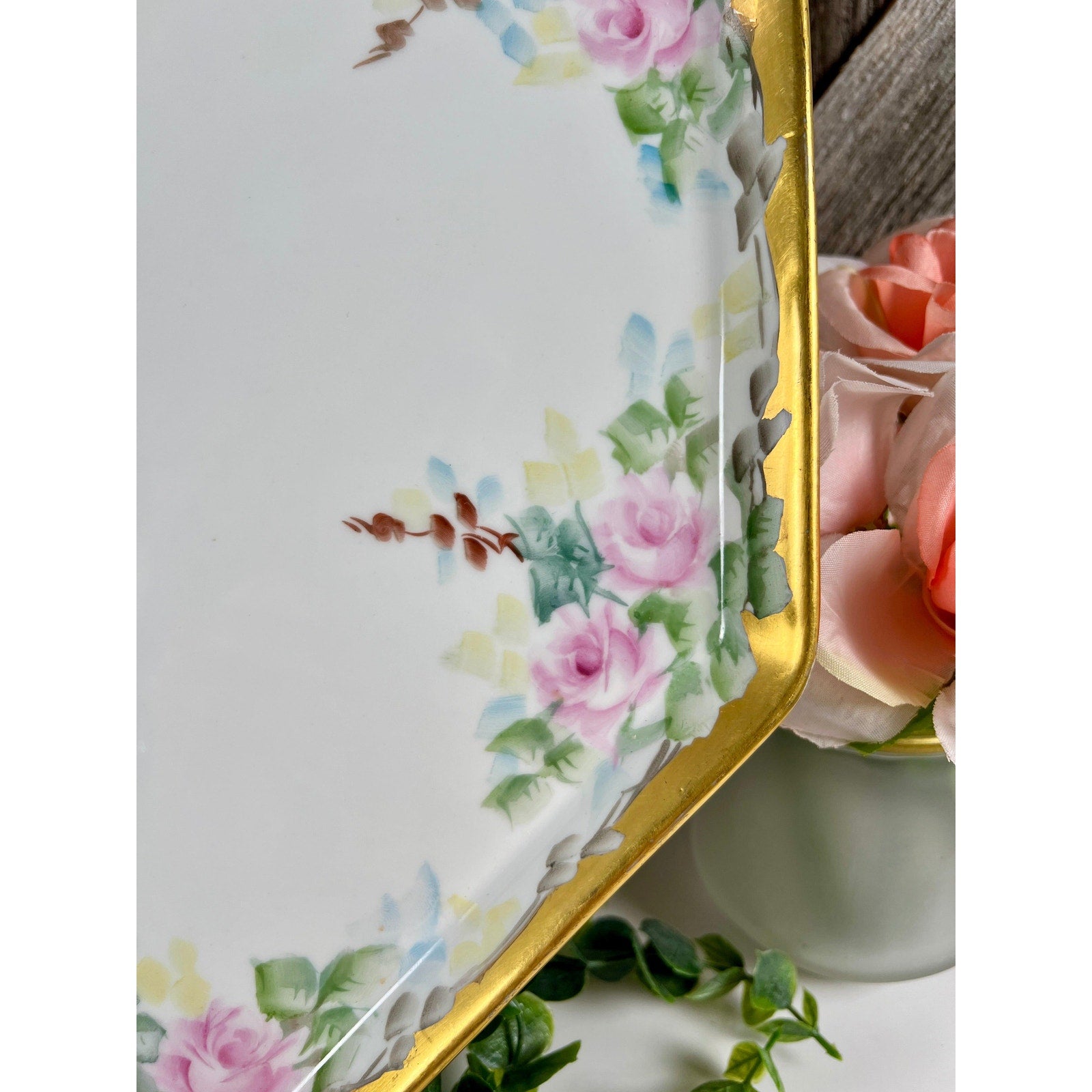 Antique Bernardaud Limoges Pink Rose 15.5 Inch Octagonal Porcelain Platter