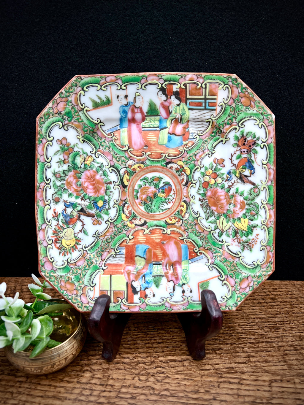 1800s Chinese Rose Medallion Octagonal Plate- No Backstamp, Pre-1891