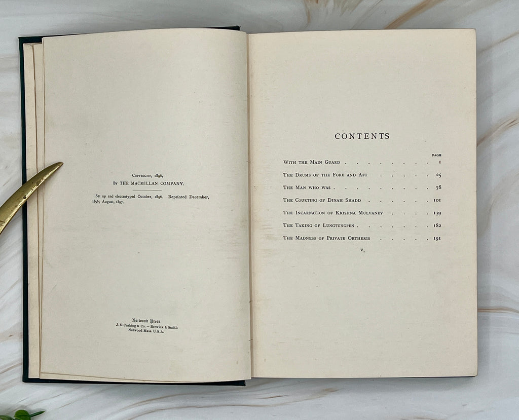 Dark green cloth hardcover book titled Soldier Stories by Rudyard Kipling featuring elaborate gilt embossed lettering, framed story titles, and wildlife illustrations. - Photo 5