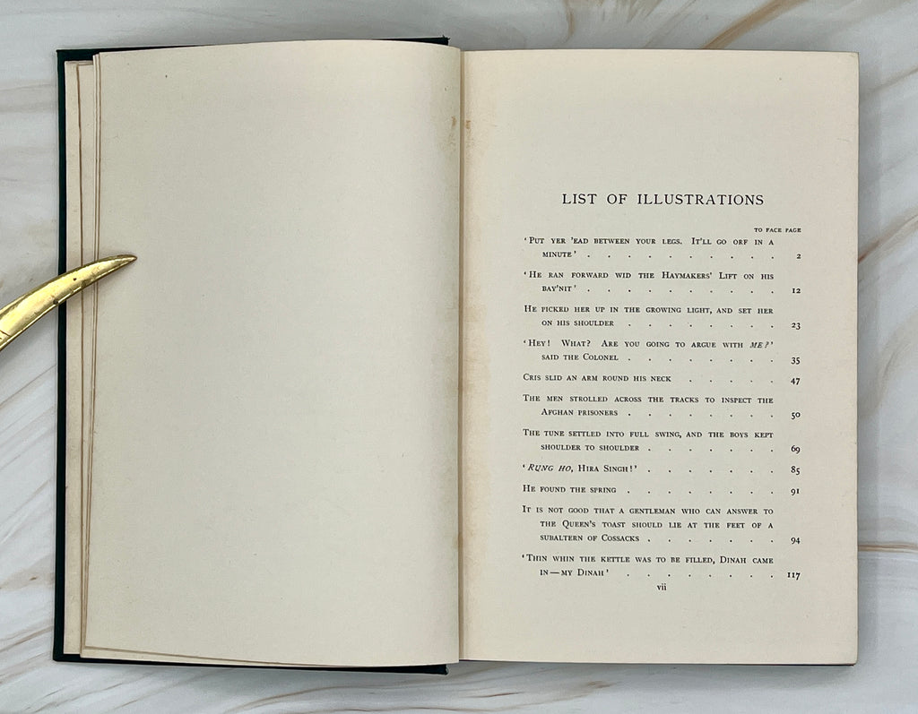 Dark green cloth hardcover book titled Soldier Stories by Rudyard Kipling featuring elaborate gilt embossed lettering, framed story titles, and wildlife illustrations. - Photo 6