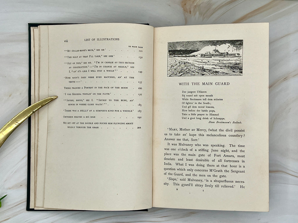 Dark green cloth hardcover book titled Soldier Stories by Rudyard Kipling featuring elaborate gilt embossed lettering, framed story titles, and wildlife illustrations. - Photo 7
