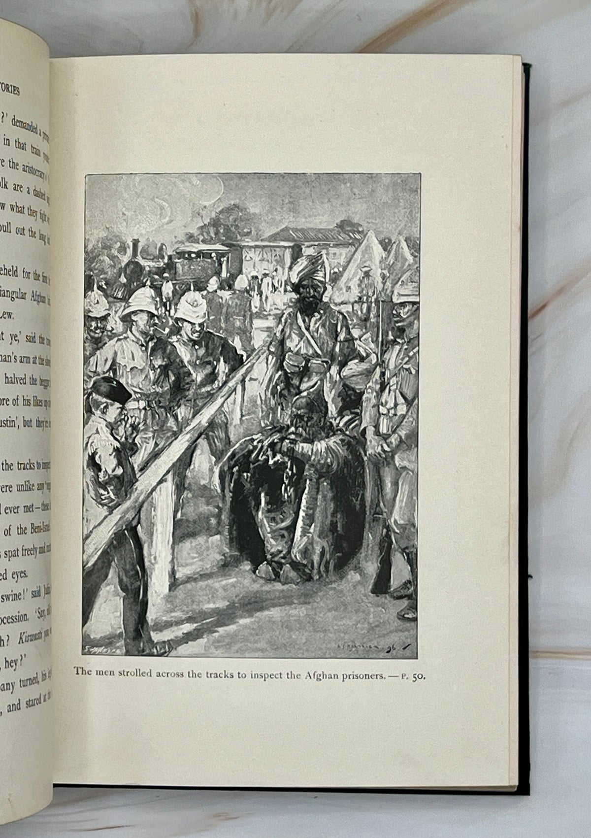 Dark green cloth hardcover book titled Soldier Stories by Rudyard Kipling featuring elaborate gilt embossed lettering, framed story titles, and wildlife illustrations. - Photo 8