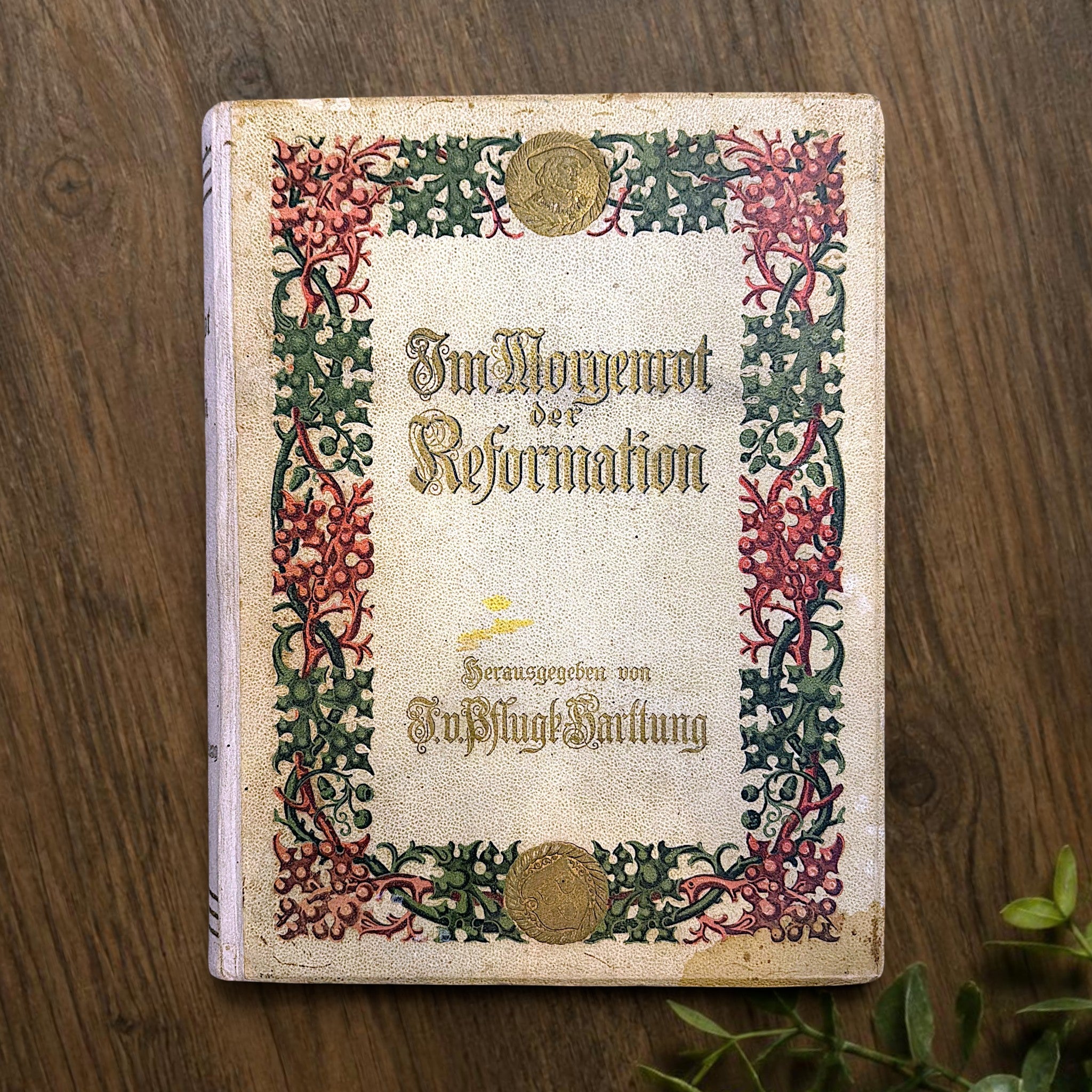 An open antiquarian German book lying flat on a dark wood background showcasing blank cream-colored endpapers with faint age foxing. - Photo 1