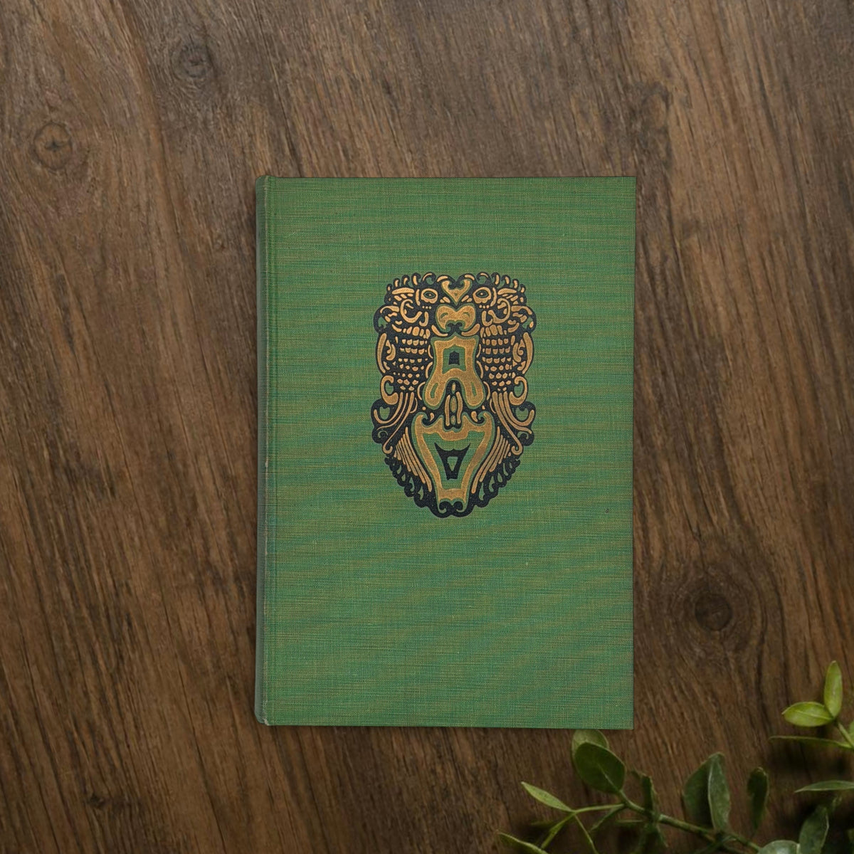 Front cover of the 1928 hardcover edition of Vathek bound in textured green book cloth, resting upright on a dark natural wood surface. - Photo 3