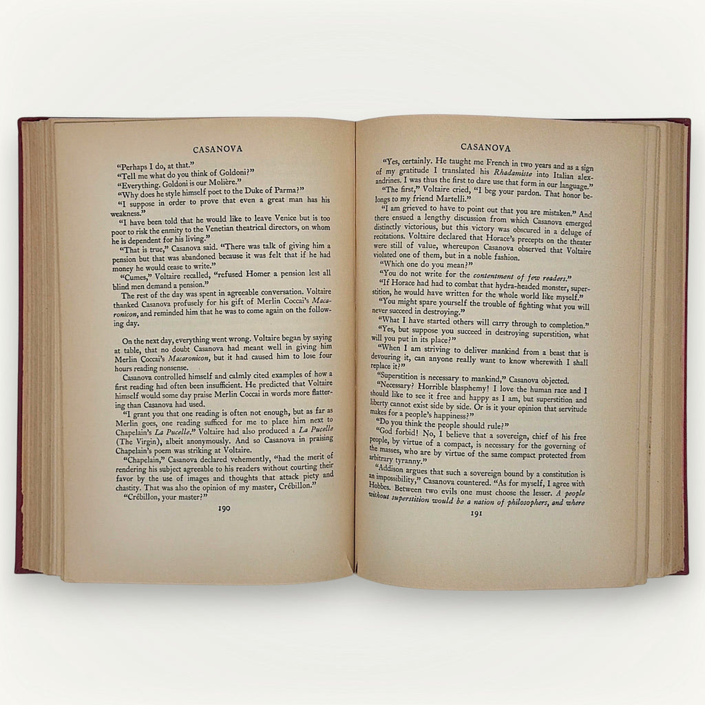 Red cloth hardcover edition of Casanova: His Known and Unknown Life, displayed flat showing the woven textile texture and vertical book cloth grain. - Photo 8