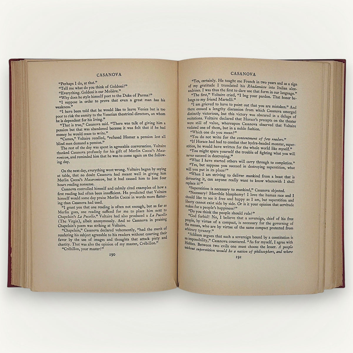 Red cloth hardcover edition of Casanova: His Known and Unknown Life, displayed flat showing the woven textile texture and vertical book cloth grain. - Photo 8