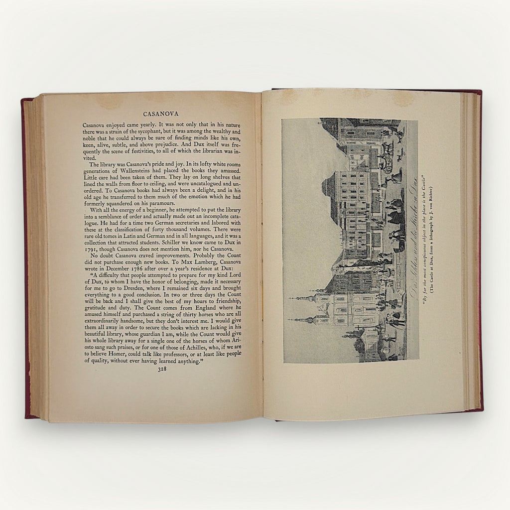 Red cloth hardcover edition of Casanova: His Known and Unknown Life, displayed flat showing the woven textile texture and vertical book cloth grain. - Photo 9