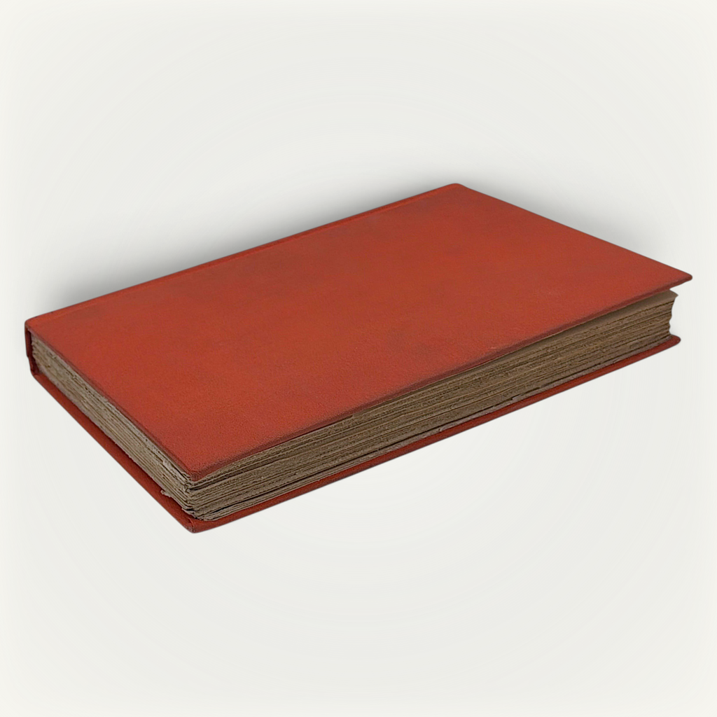 Burnt orange cloth hardcover book standing upright against a neutral background, featuring a minimalist textured cloth front board with black stamped linear accents along the spine edge. - Photo 2
