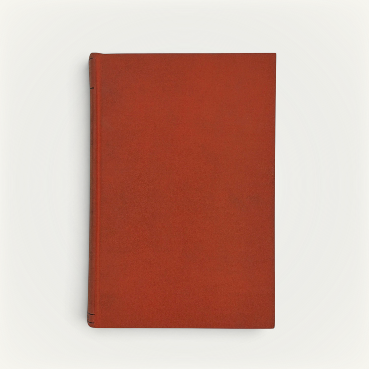 Burnt orange cloth hardcover book standing upright against a neutral background, featuring a minimalist textured cloth front board with black stamped linear accents along the spine edge. - Photo 3