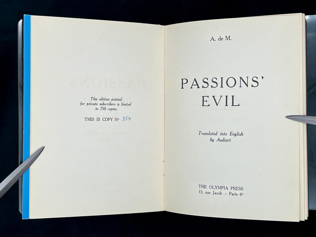Vintage blue paperbound book titled Passions' Evil by A. de M. published by The Olympia Press, featuring an eight-pointed asterisk border around the front cover. - Photo 3
