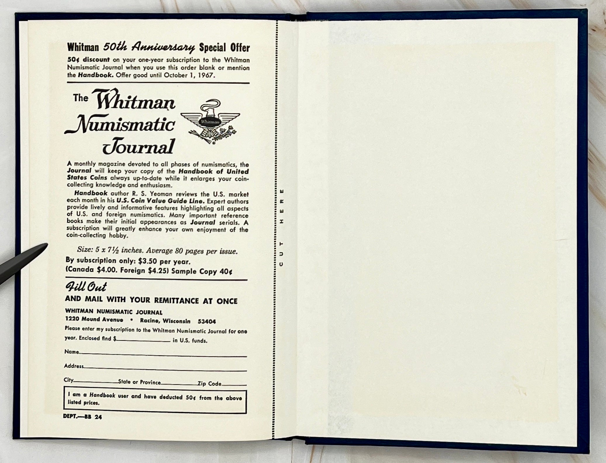 1967 Handbook of United States Coins with Premium List Whitman 24th Edition