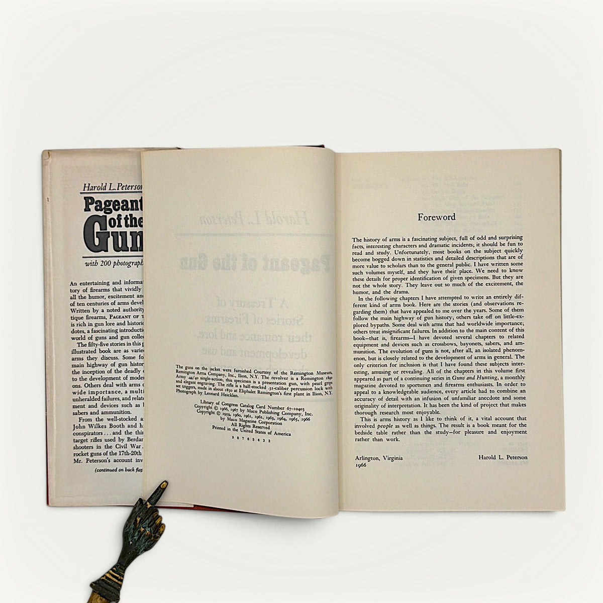 Patina & Prose 1967 first edition Pageant of the Gun book showing the open foreword page and dust jacket interior