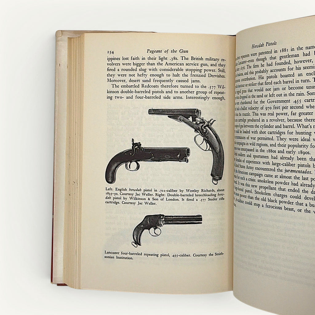 Patina & Prose vintage book page showing black and white illustrations of antique Howdah and Lancaster pistols