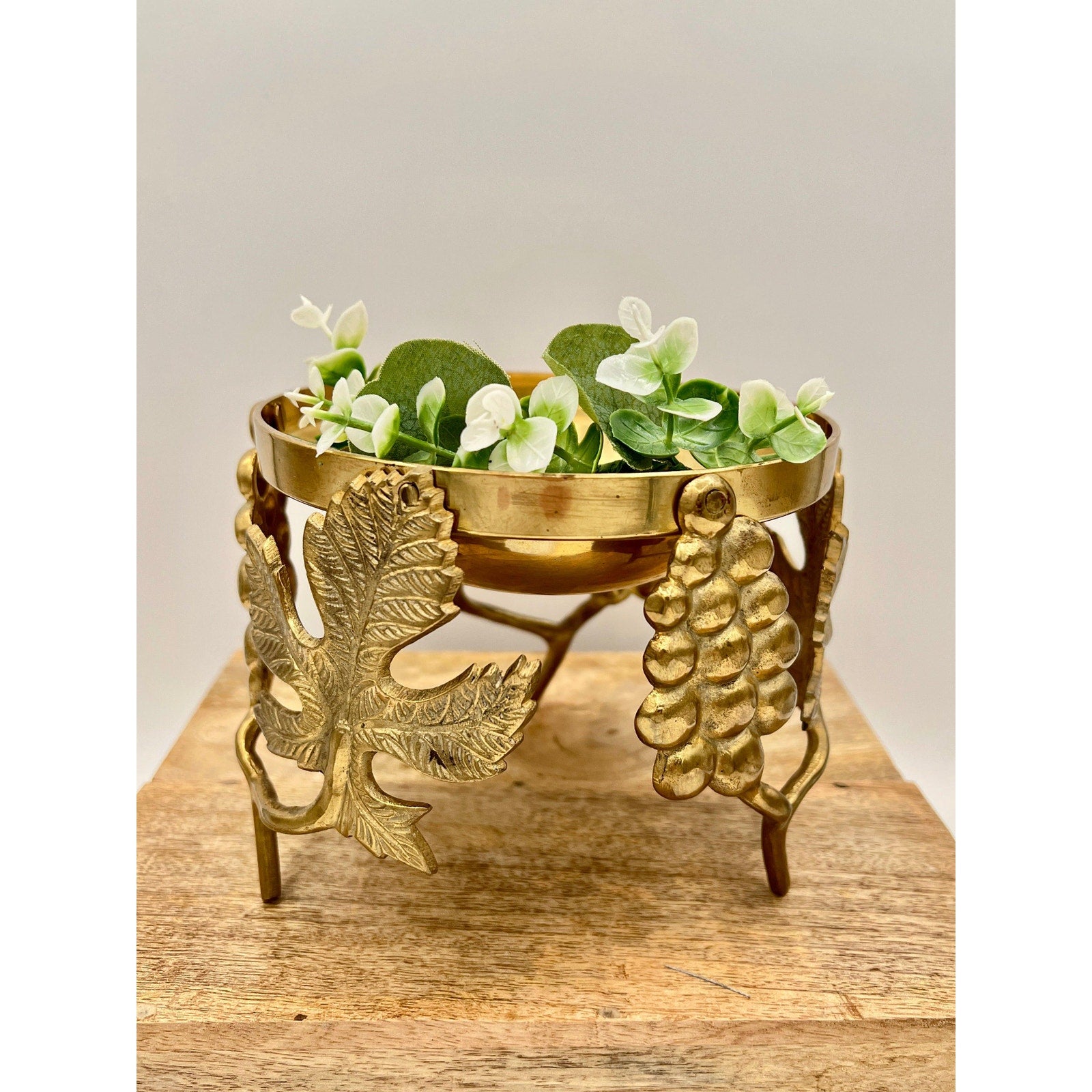 Vintage Ambrosia Brass Grape Motif Centerpiece Candle Holder Bowl