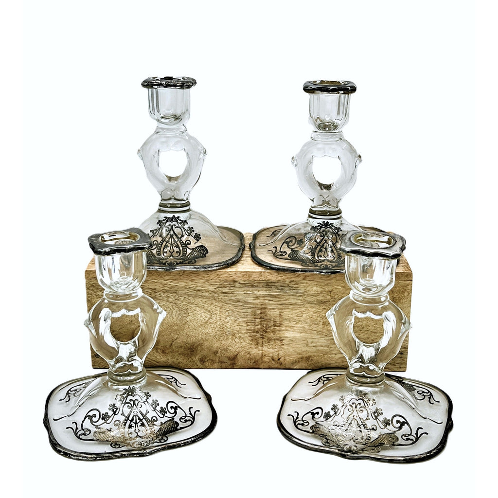 Vintage Cambridge Keyhole Silver Overlay Glass Candlestick