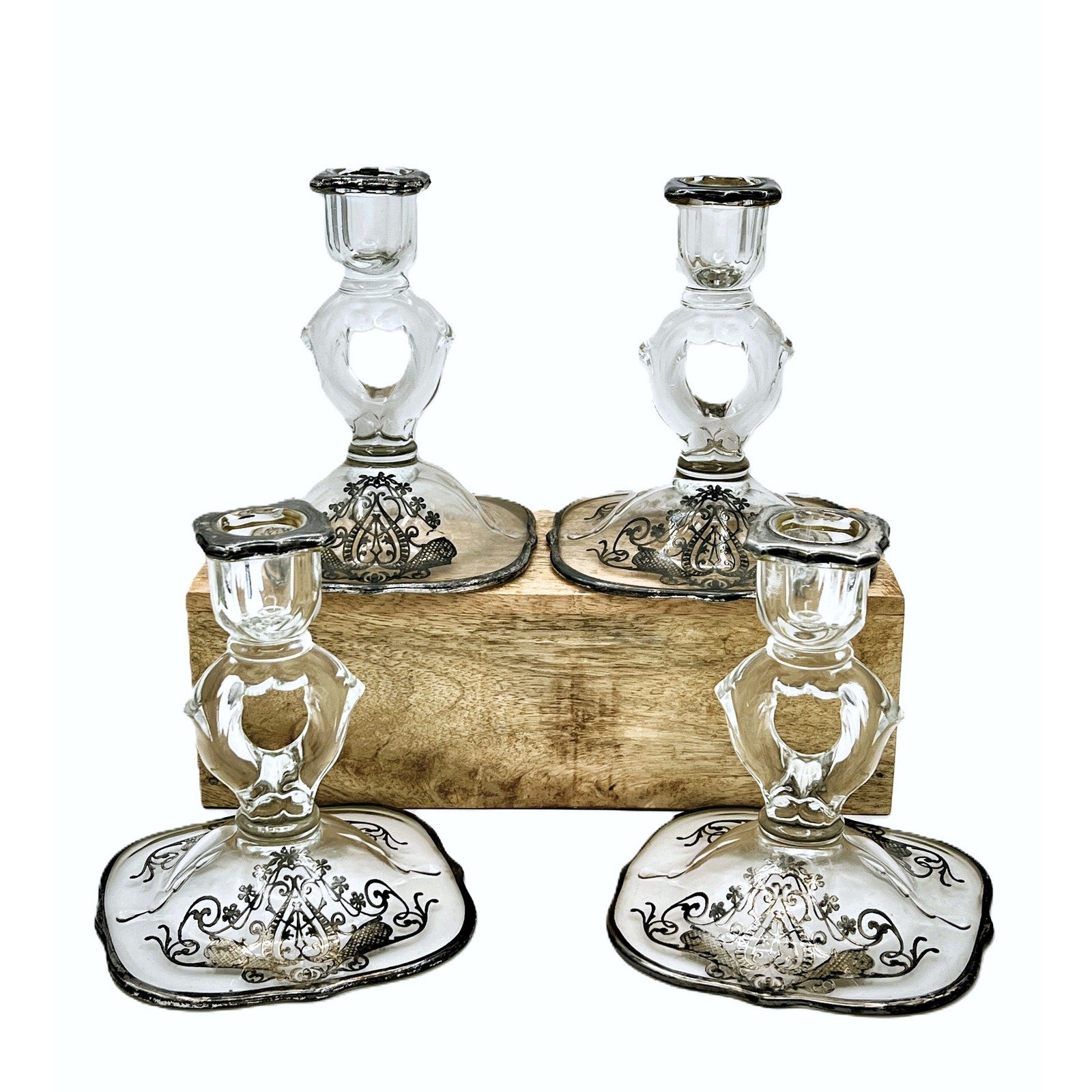 Vintage Cambridge Keyhole Silver Overlay Glass Candlestick