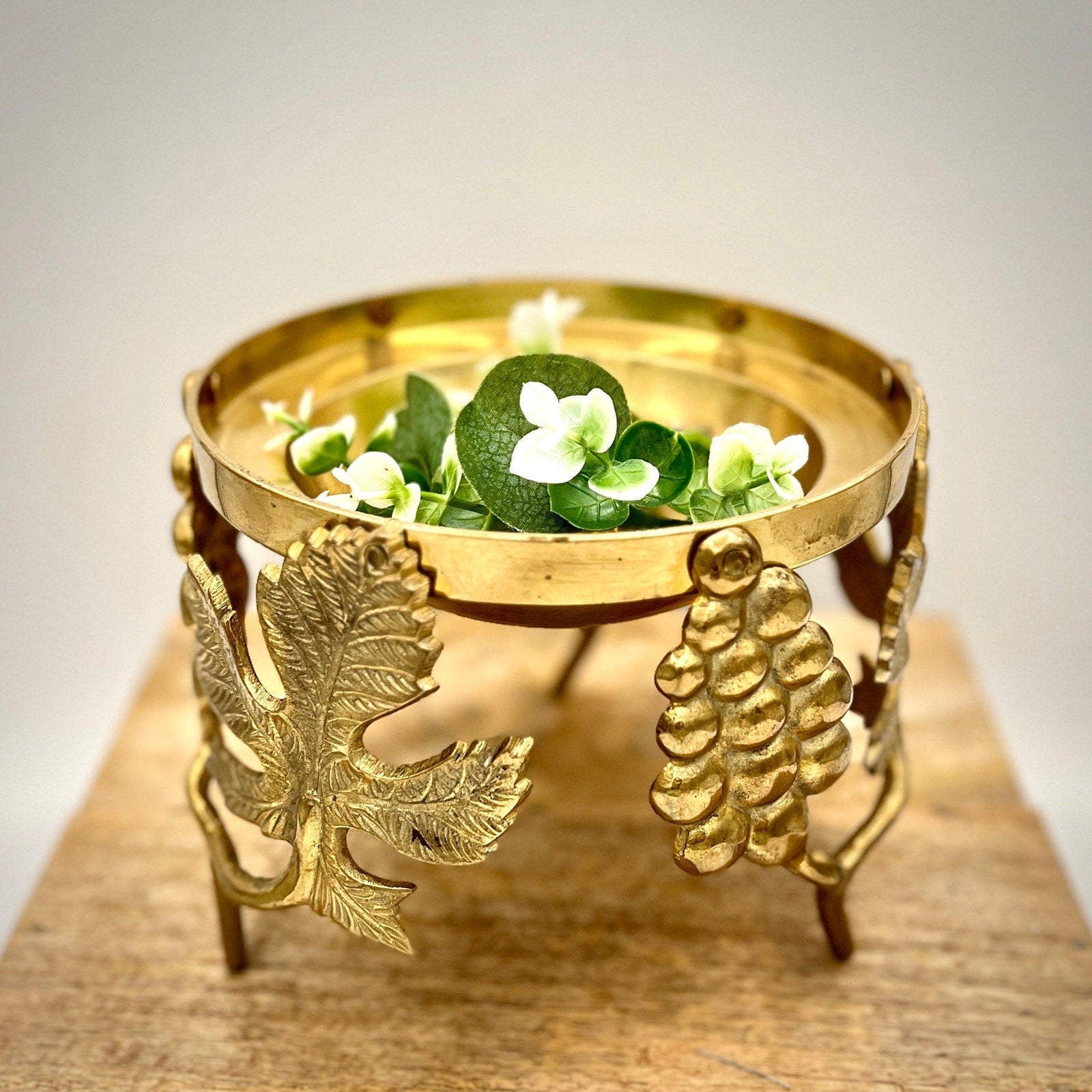 Vintage Ambrosia Brass Grape Motif Centerpiece Candle Holder Bowl