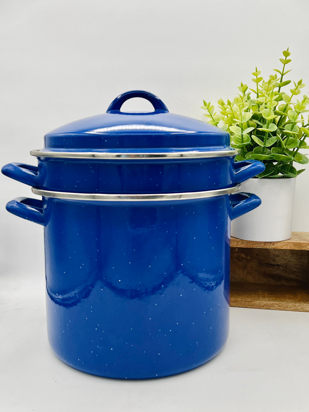 3 pc Vintage Blue Speckled Enamelware Pot Steamer, Strainer, and Lid Set