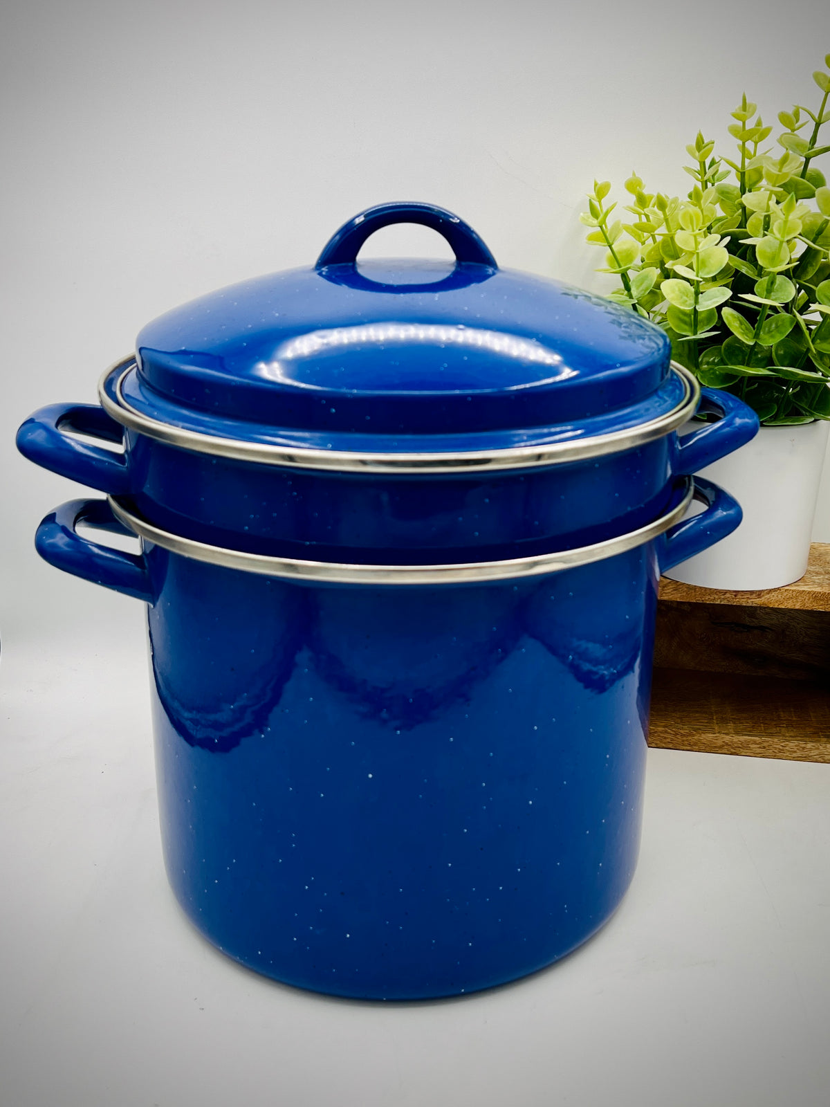 3 pc Vintage Blue Speckled Enamelware Pot Steamer, Strainer, and Lid Set