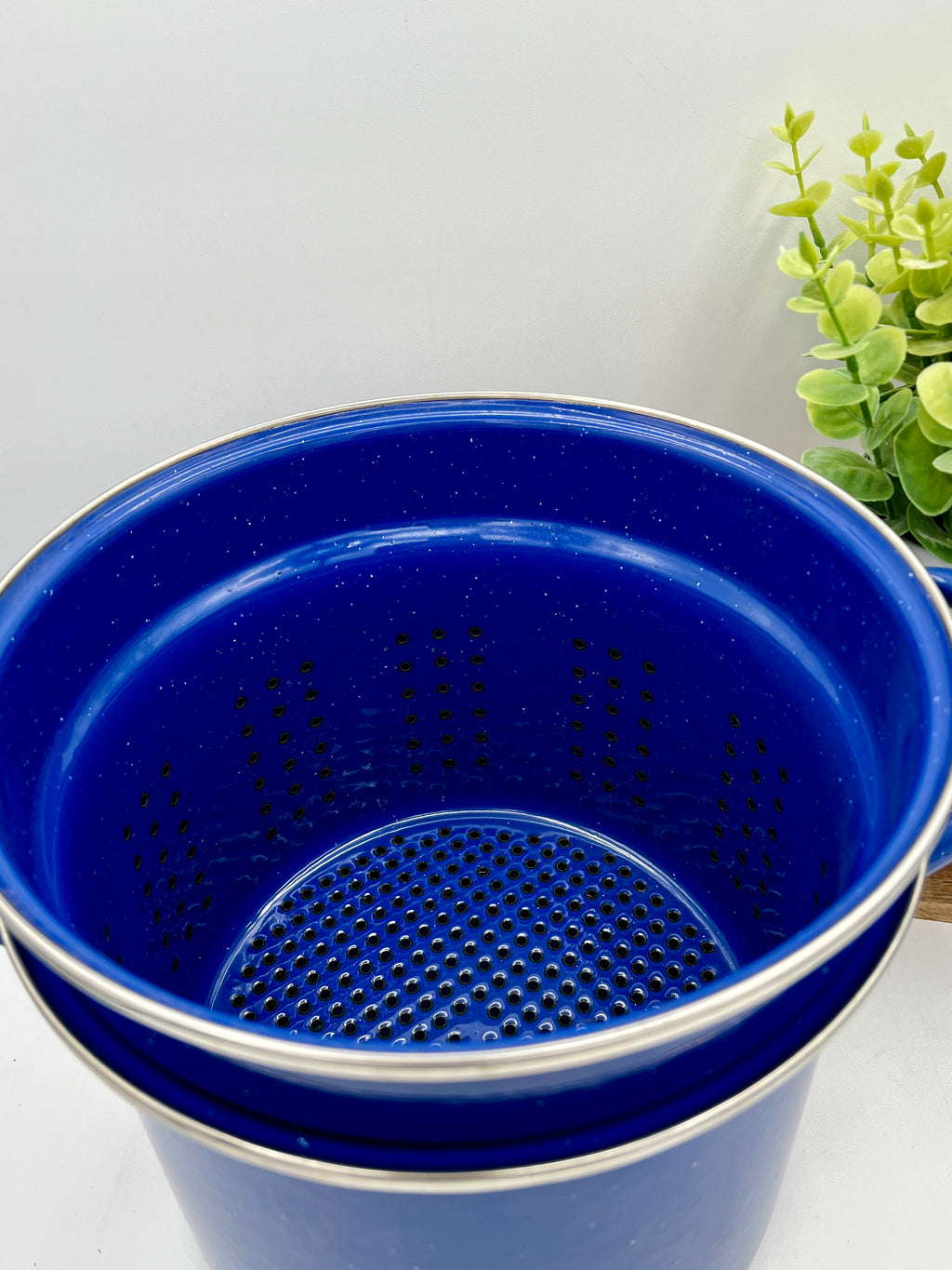 3 pc Vintage Blue Speckled Enamelware Pot Steamer, Strainer, and Lid Set