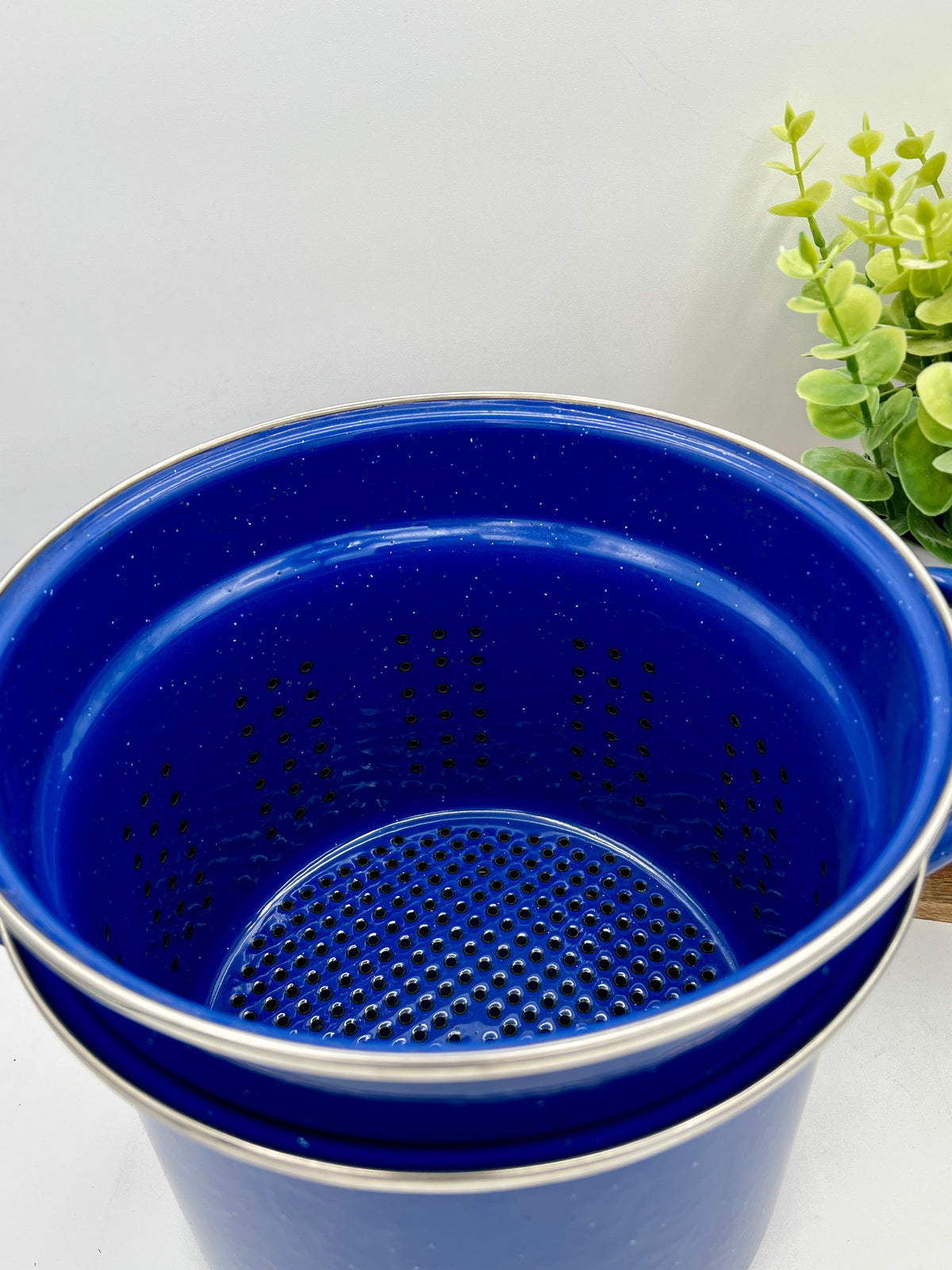 3 pc Vintage Blue Speckled Enamelware Pot Steamer, Strainer, and Lid Set