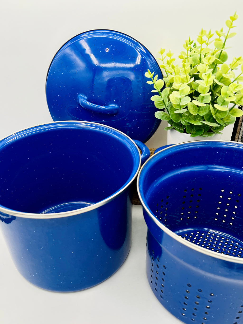 3 pc Vintage Blue Speckled Enamelware Pot Steamer, Strainer, and Lid Set