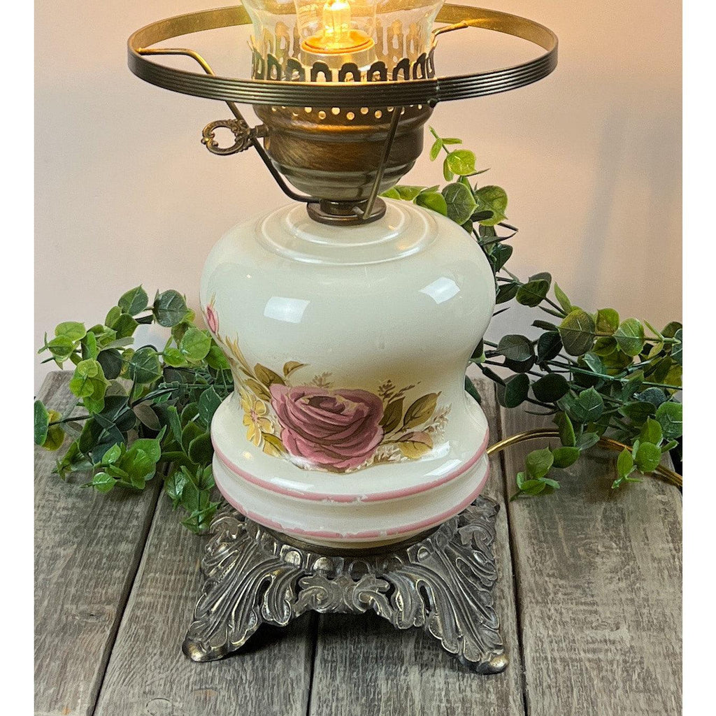 Vintage Hurricane Lamp with Floral Design and Ornate Metal Base - Antique Style Oil Lamp - That’s My JAmm