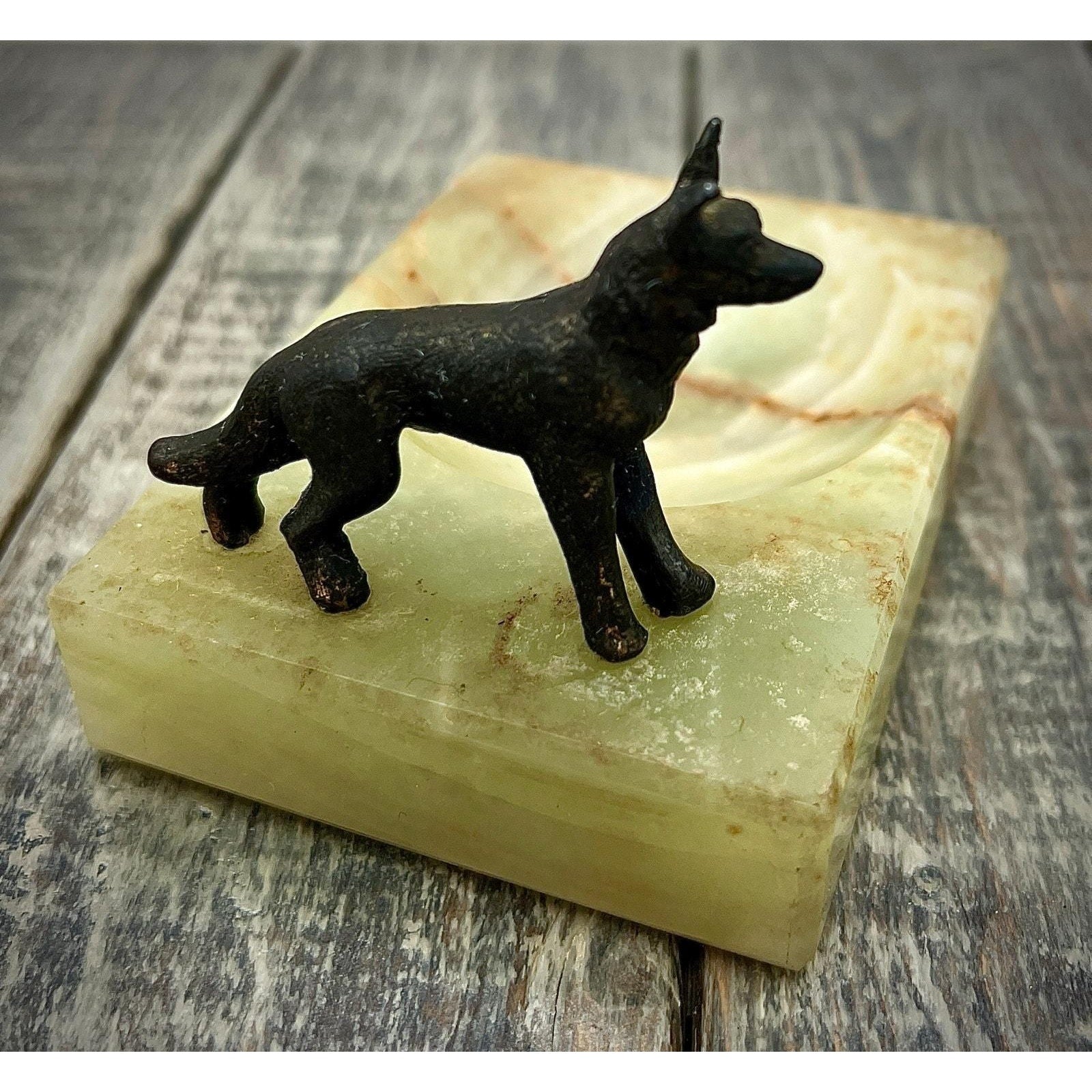 Vintage Brass Dog Figurine on Onyx Trinket Dish or Ashtray - Unique Decor