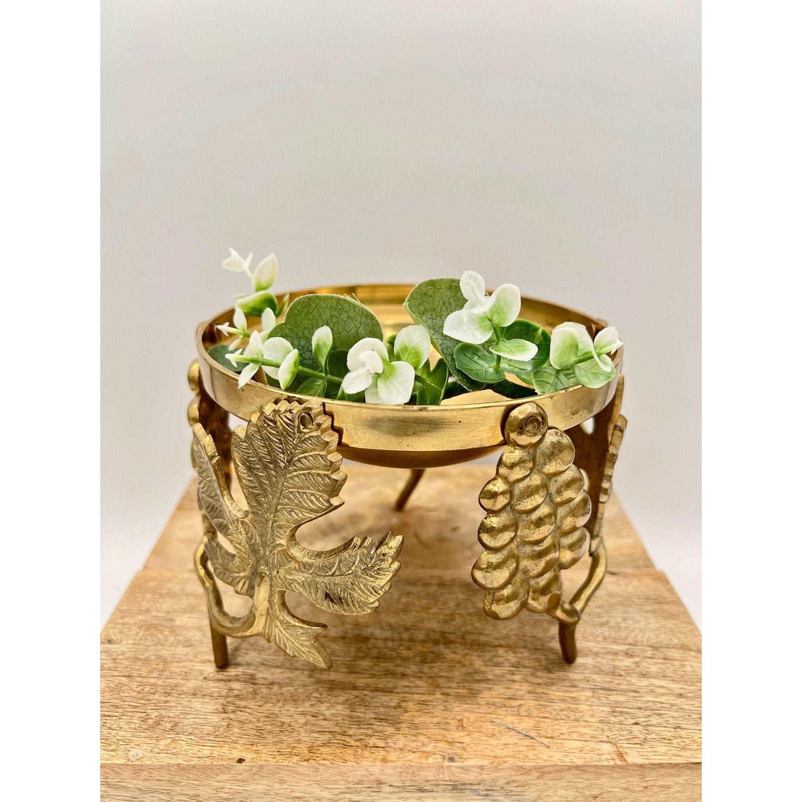 Vintage Ambrosia Brass Grape Motif Centerpiece Candle Holder Bowl