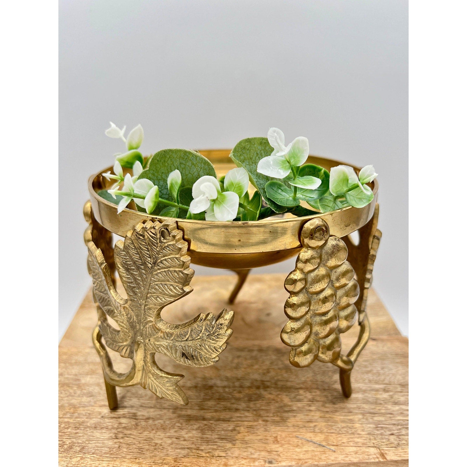 Vintage Ambrosia Brass Grape Motif Centerpiece Candle Holder Bowl