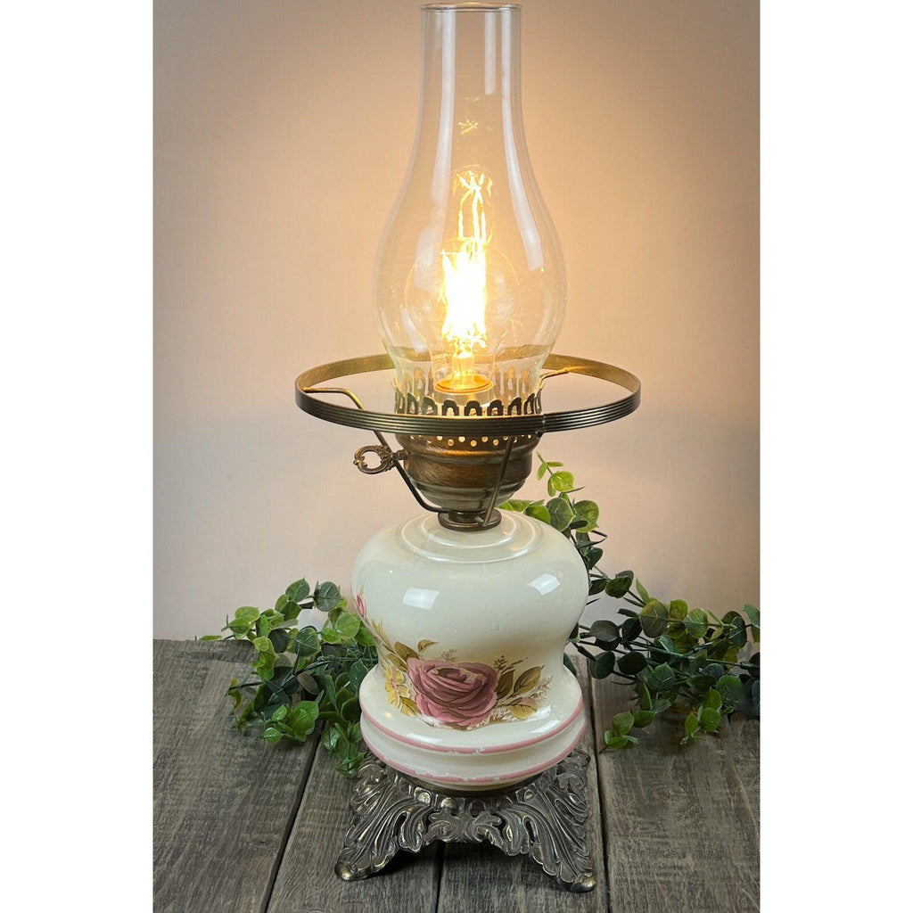 Vintage Hurricane Lamp with Floral Design and Ornate Metal Base - Antique Style Oil Lamp - That’s My JAmm