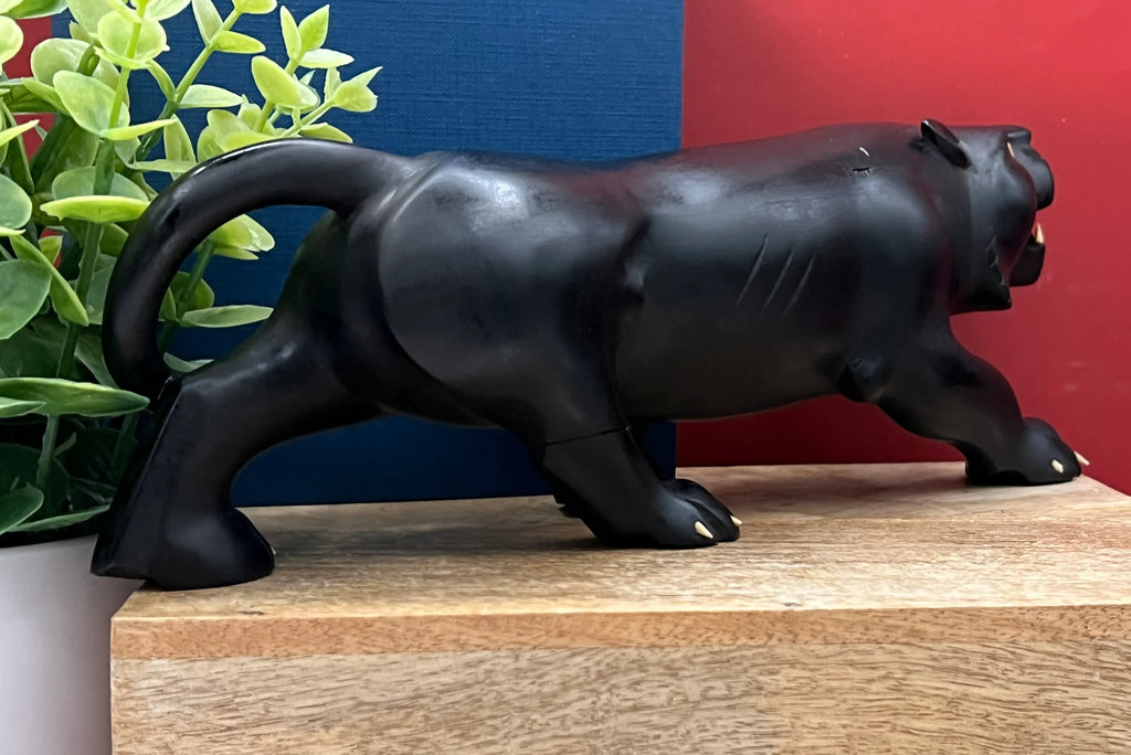 Vintage Hand Carved Ebony Wood Panther Sculpture with Bone Inlay