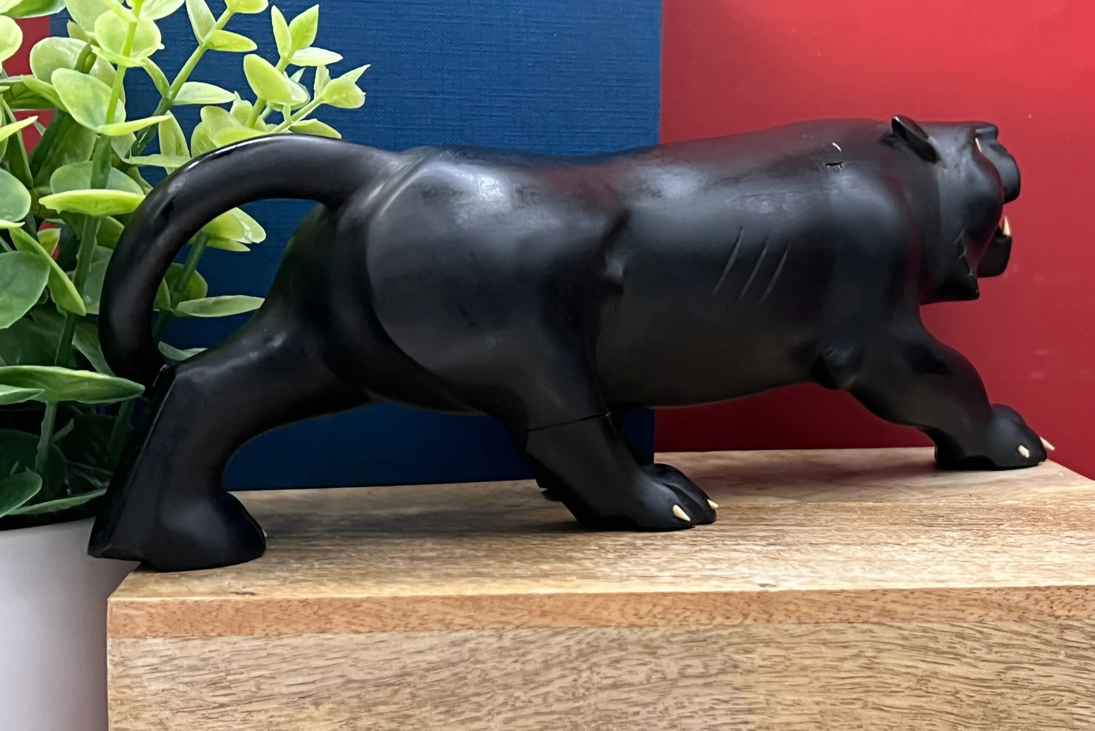 Vintage Hand Carved Ebony Wood Panther Sculpture with Bone Inlay
