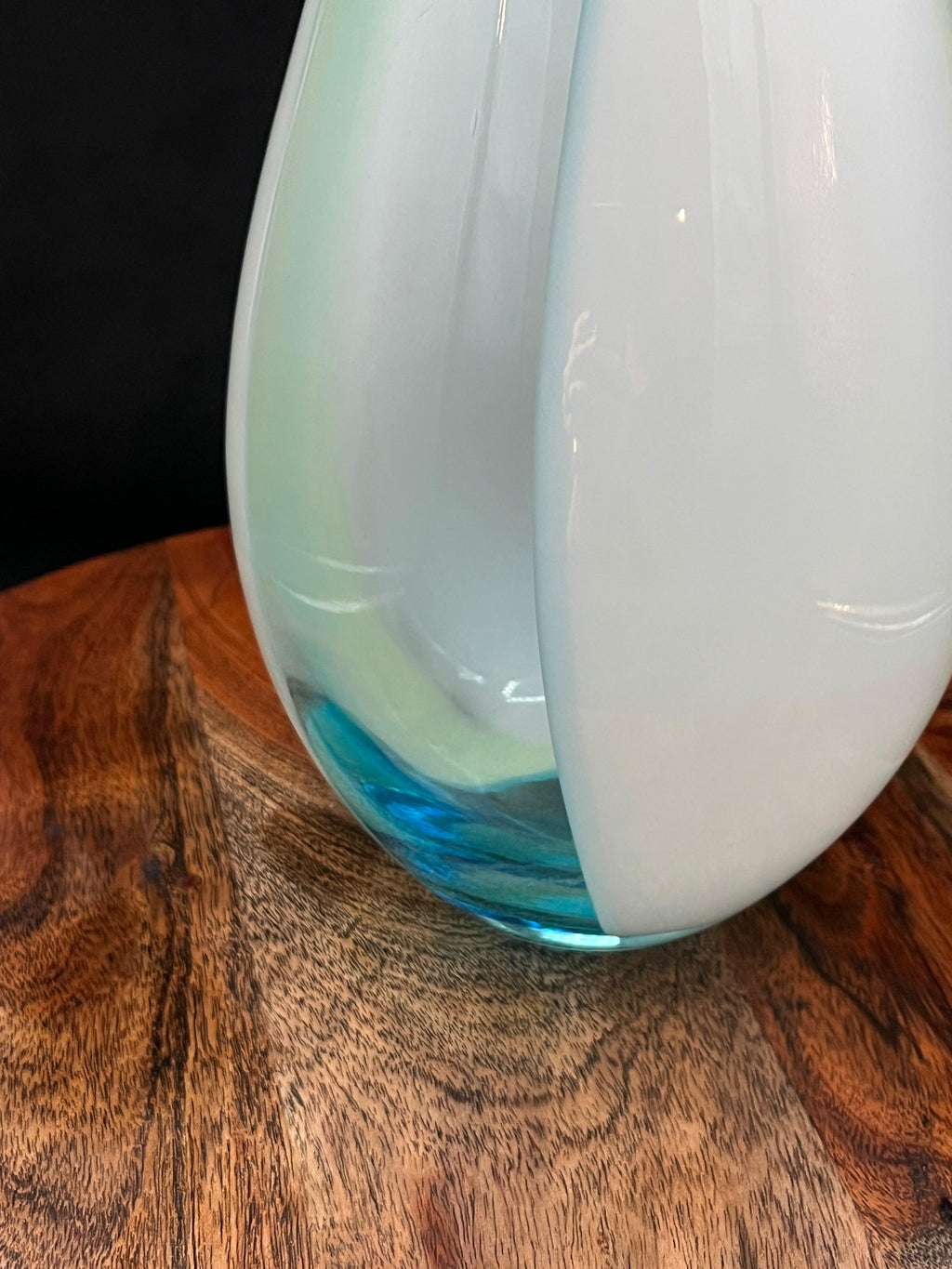 Large Murano art glass vase with pale blue-white uranium-cased layers, three-panel form, attributed to Cenedese.