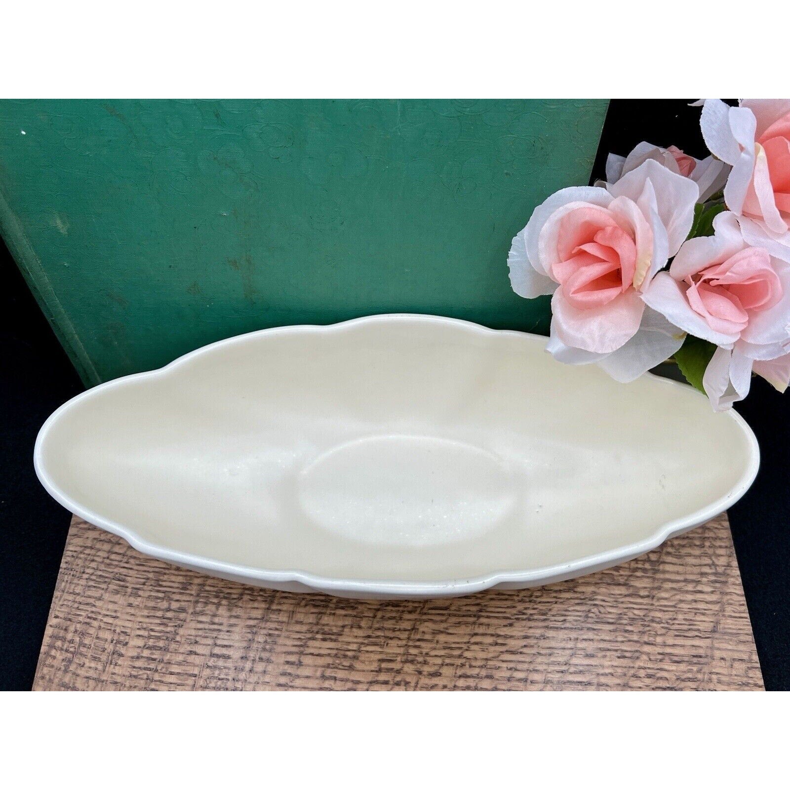 Haeger 3905 oblong ceramic bowl, white with scalloped edge, American-made; 5.5 in long, 13.25 in wide.
