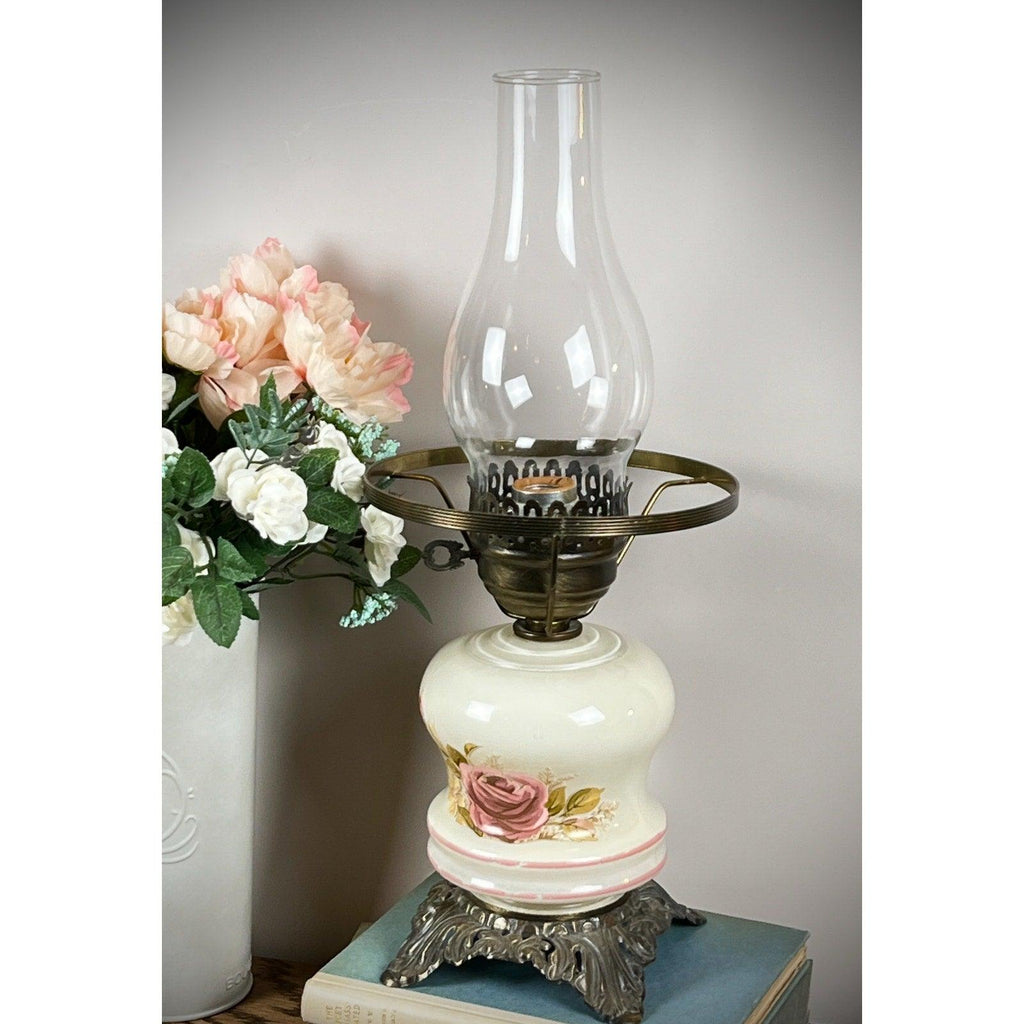 Vintage Hurricane Lamp with Floral Design and Ornate Metal Base - Antique Style Oil Lamp - That’s My JAmm
