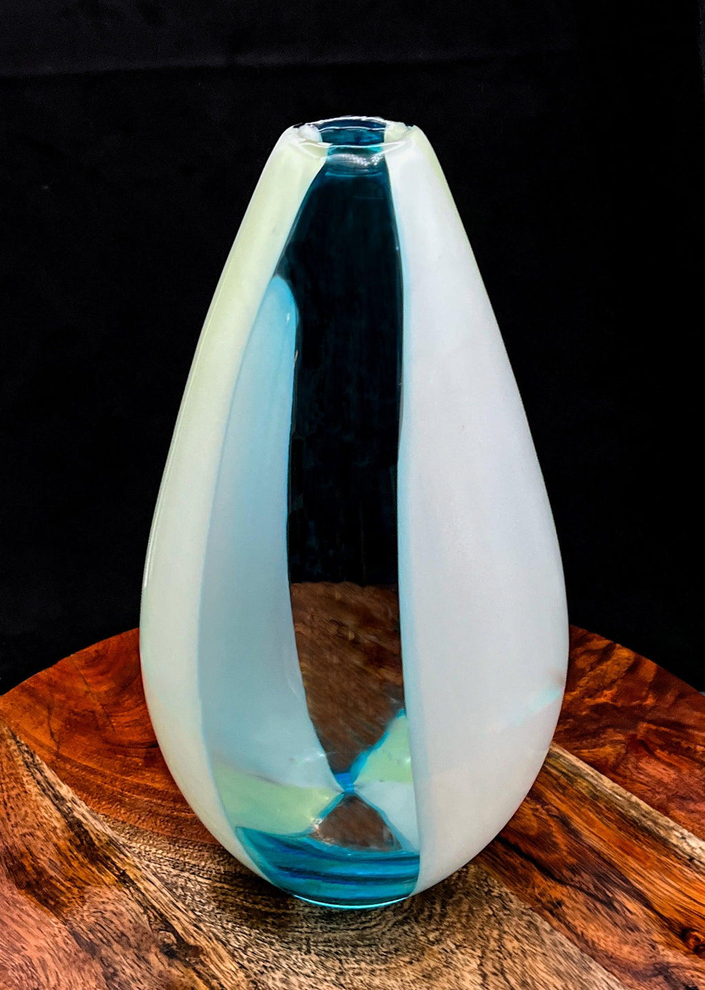 Large Murano art glass vase, three-panel cased white, pale uranium tint, and aqua blue, attributed to Cenedese