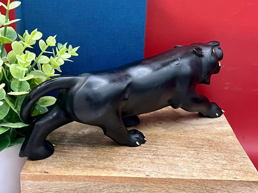 Vintage Hand Carved Ebony Wood Panther Sculpture with Bone Inlay
