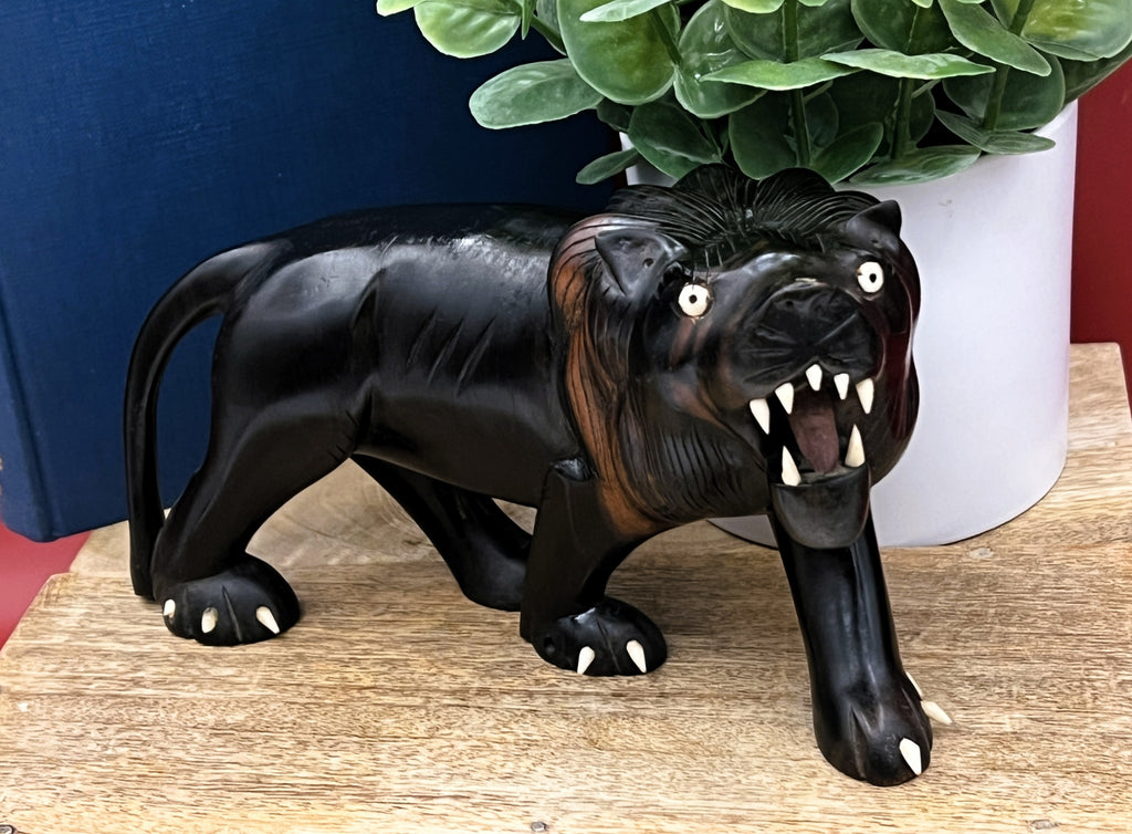 Vintage Hand-Carved African Ebony Wood Lion | Mid-Century Animal Figurine