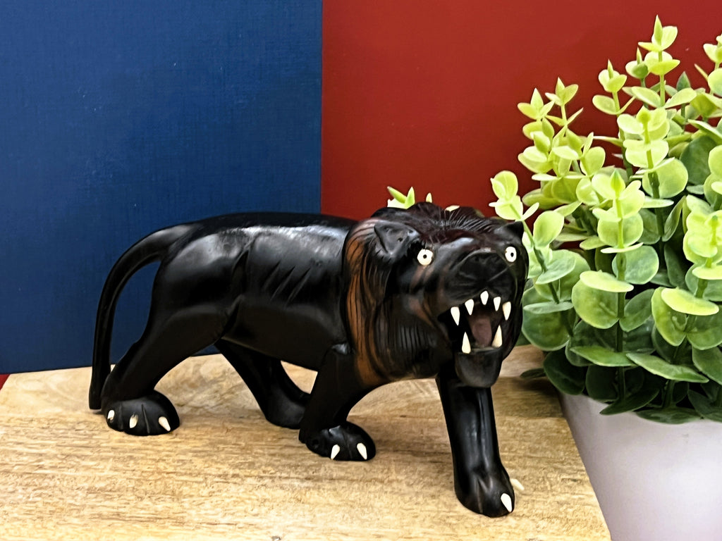 Vintage Hand-Carved African Ebony Wood Lion | Mid-Century Animal Figurine