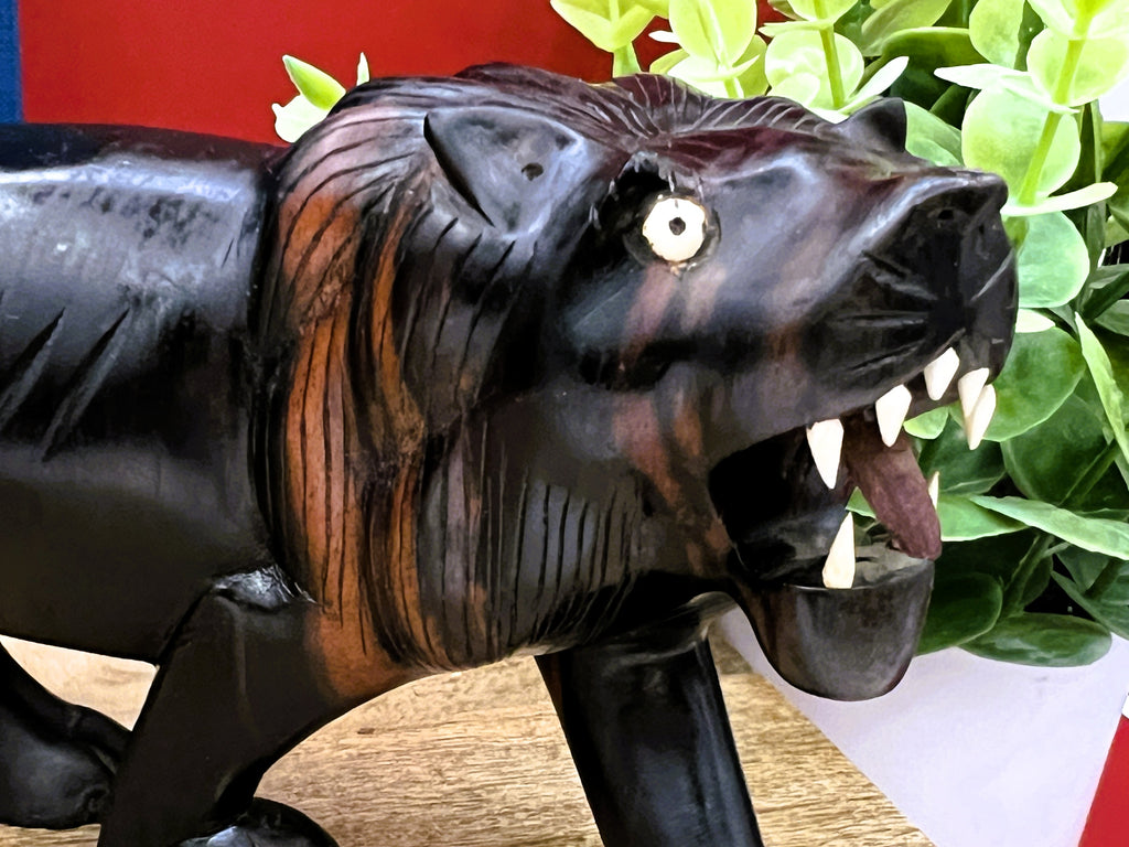 Vintage Hand-Carved African Ebony Wood Lion | Mid-Century Animal Figurine